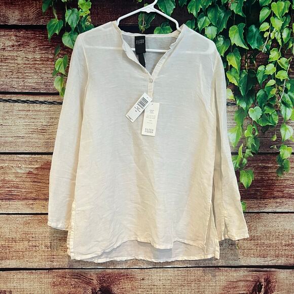 Eileen Fisher Sheer Silk Linen Tunic Blouse Top PM Medium Petite Bone Ivory - Picture 1 of 6